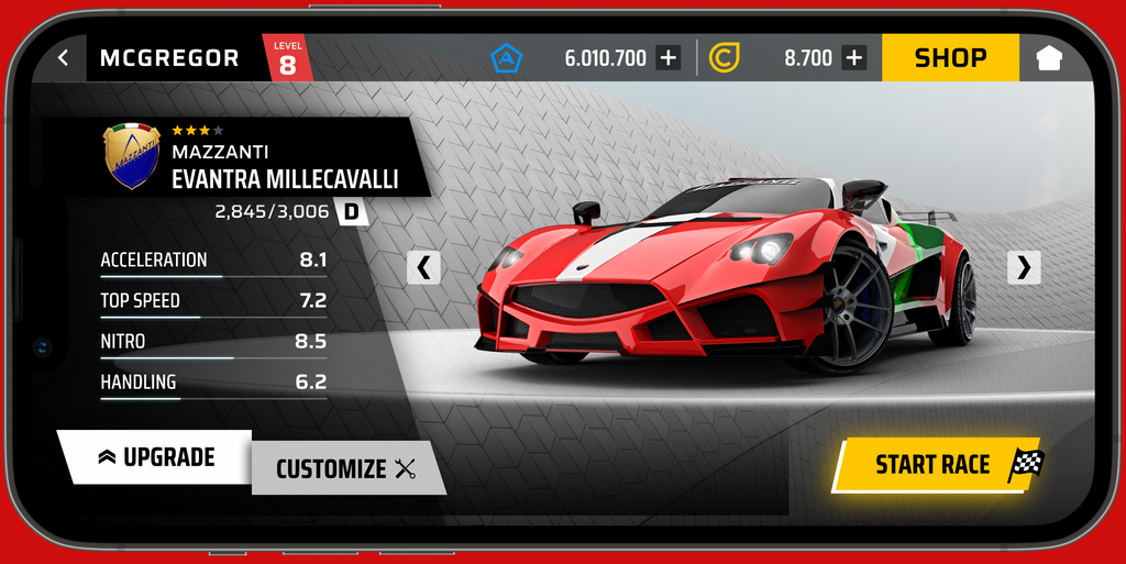 Asphalt 9 legends car profile UI mockup